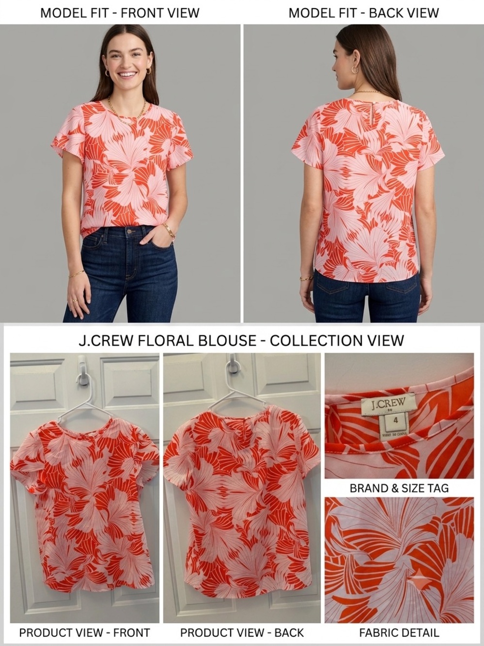 J. Crew Pink and Orange Floral Short-Sleeve Blouse